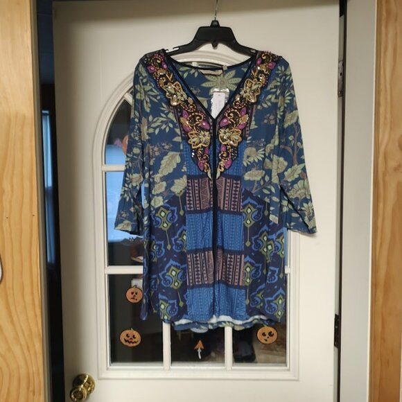 New Soft Surrondings  Multi-Color Floral Beaded 3/4 Sleeve Amaya Top Women's 1X - Picture 1 of 2